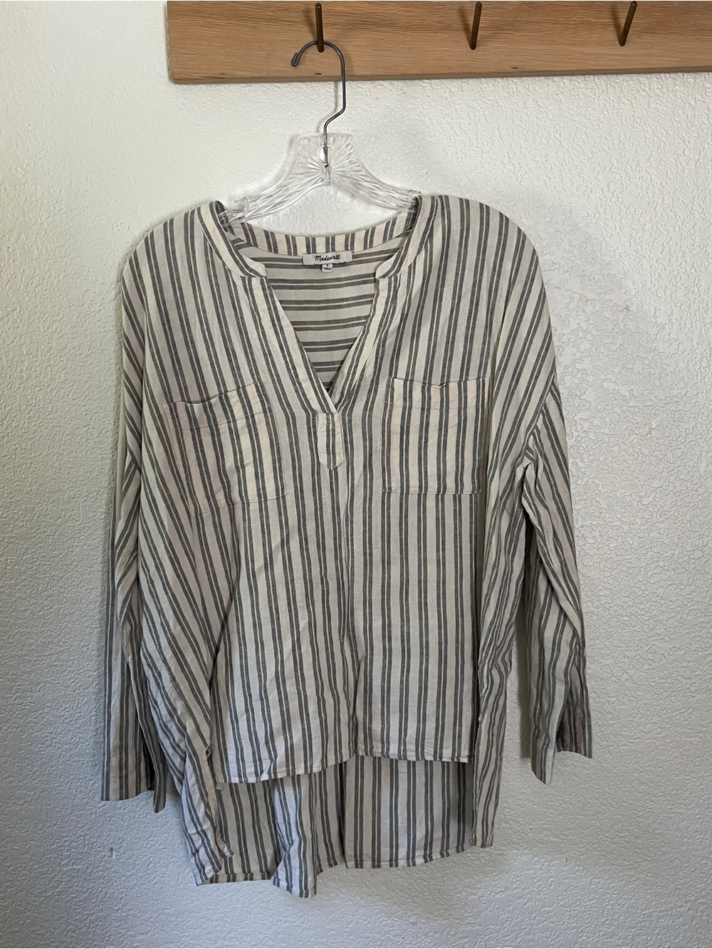Madewell linen tunic in white and sage stripe